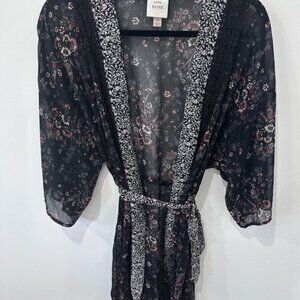 Knox Rose Black Lace Robe with Sheer Floral Design